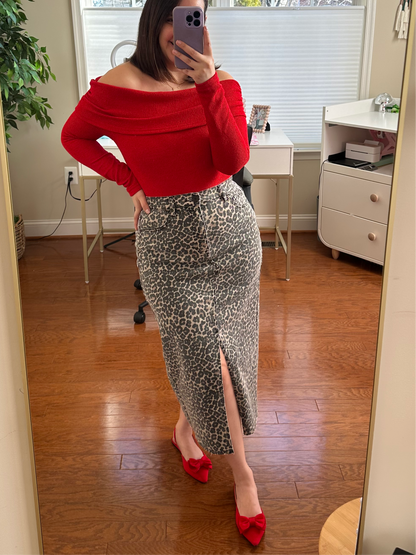 LEOPARD PRINT FRONT SLIT MIDI SKIRT