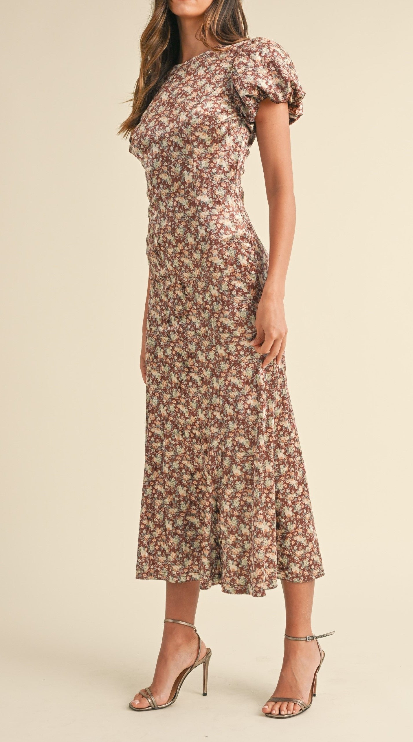 brown velvet floral dress Necali Velvet Midi Dress